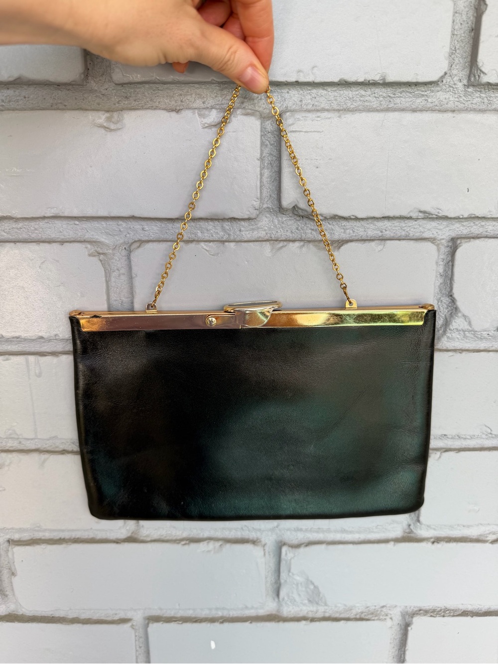 Vintage Etra England Black Leather Clutch Purse 1950s Gold Frame Evening Bag
